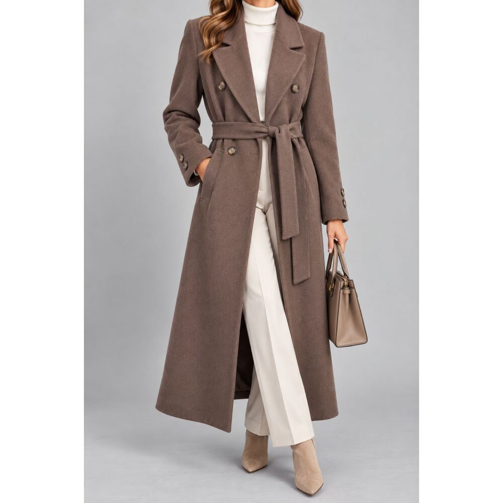 Anne Klein II Women’s 10 Brown Wool Cashmere Blend Long Belted Wrap Coat